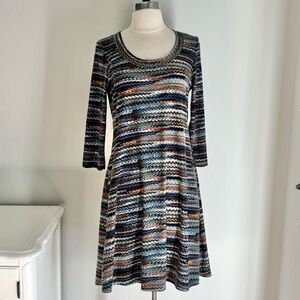 Karen Kane A-line 3/4 Sleeve Jersey Abstract Stripe Multicolor Scoop Dress, S
